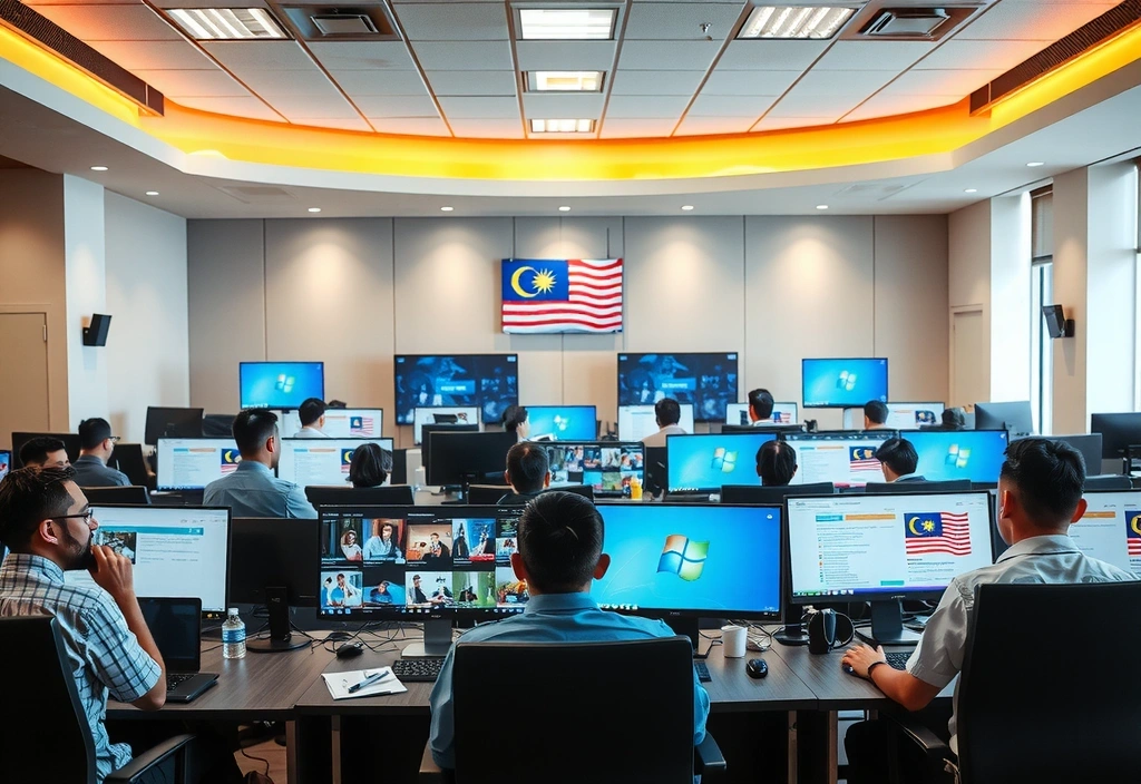 Newsroom showing journalists working at computers with Malaysian flags and news screens